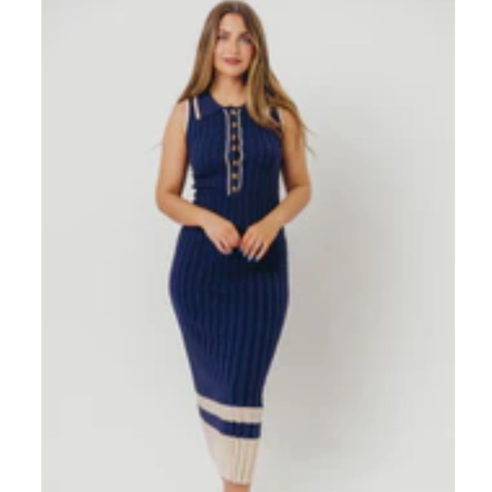 Worth Collective Jovie Sleeveless Ribbed Maxi Dress with Buttons in Navy